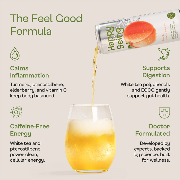 Happy Being Feel Good Formula white tea beverage poured into a glass beside canned drinks in peach and berry flavors.