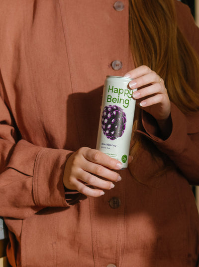Happy Being White Tea can displayed with clean branding, highlighting ingredients for healthy aging support.
