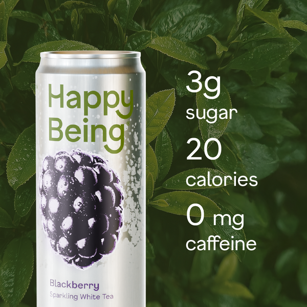 Happy Being blackberry can with 3g sugar, 20 calories, and 0 mg caffeine displayed beside fresh blackberries and white tea ingredients.