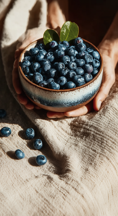 Fresh blueberries in a ceramic bowl held by two hands for use in a Happy Being wellness drink.