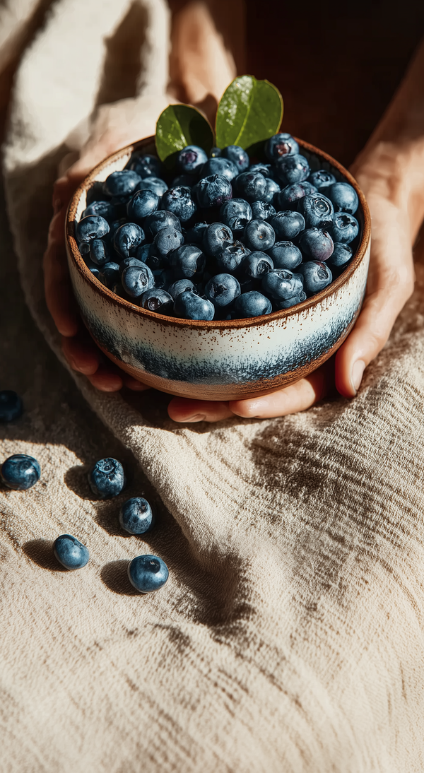 Fresh blueberries in a ceramic bowl held by two hands for use in a Happy Being wellness drink.