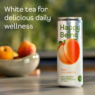 Can of Happy Being Peach Sparkling White Tea with fruits in the background