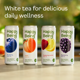 Four cans of 'Happy Being' white tea with fruit illustrations on a blurred natural background