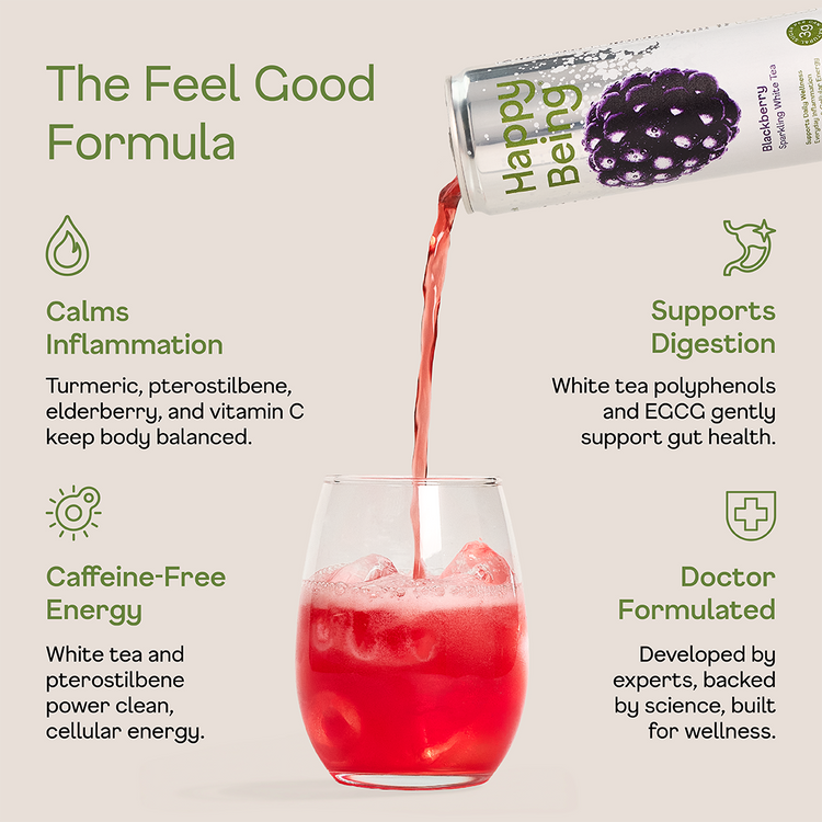 Red drink being poured into a glass with 'Happy Being' packaging, featuring wellness benefits on a light background.
