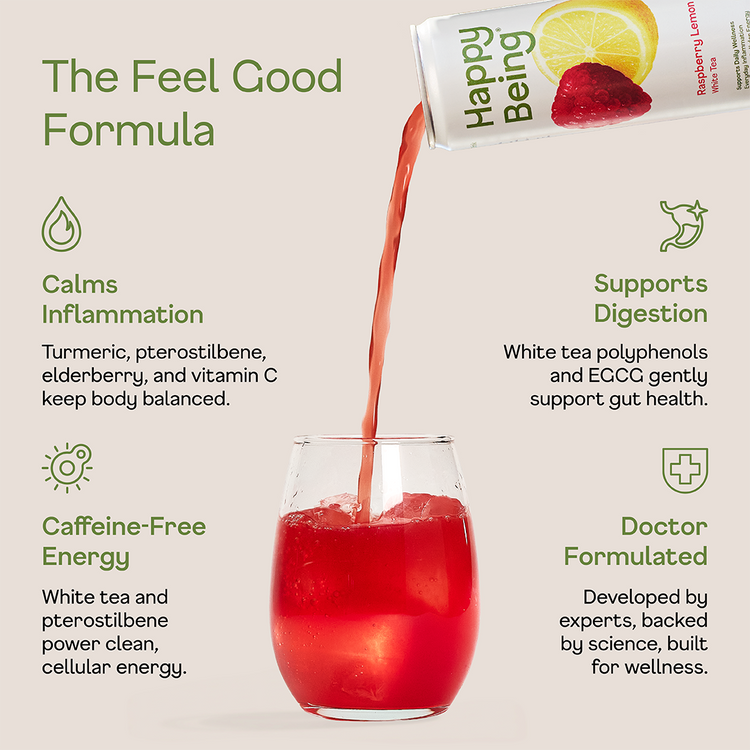 Red drink being poured into a glass with 'Happy Being' product packaging in the background, featuring text about the drink's benefits.