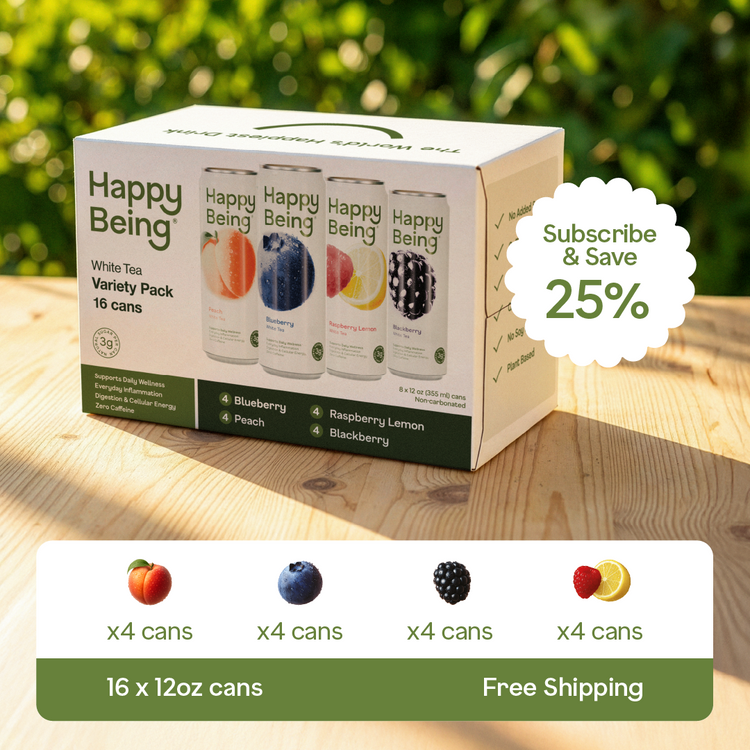 Happy Being White Tea Variety Pack box with different flavors on a wooden surface with a blurred green background.