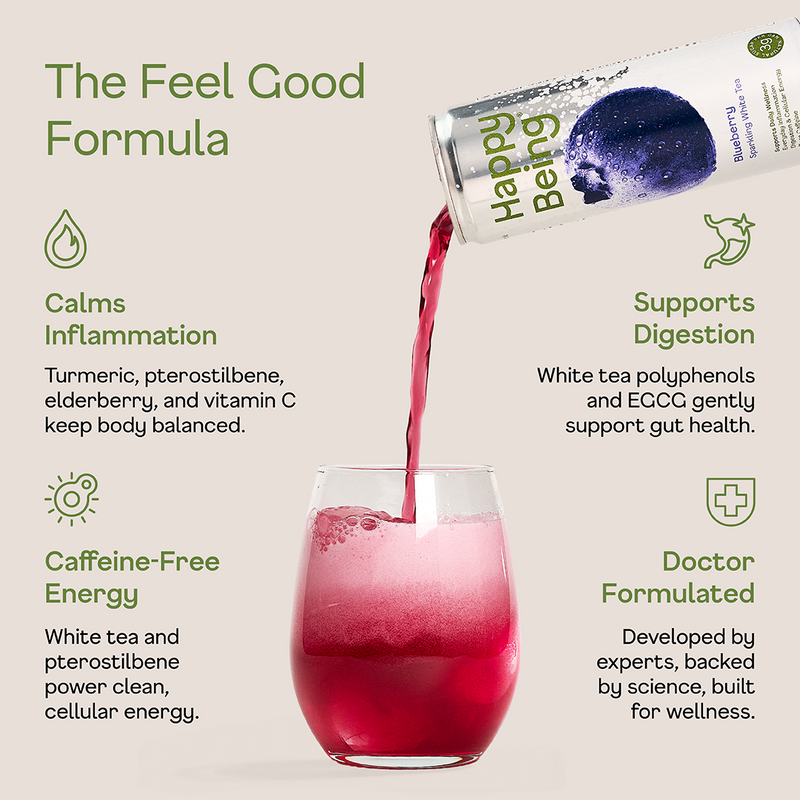 Red liquid being poured into a glass with 'Happy Being' product packaging in the background, featuring wellness benefits.