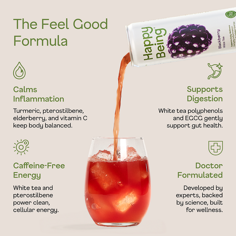 Happy Being drink being poured into a glass with product packaging and wellness benefits listed.