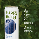 Red liquid being poured into a glass with 'Happy Being' product packaging above, on a light background.