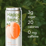 Can of 'Happy Being' peach lozenge white tea with nutritional information on a green leafy background