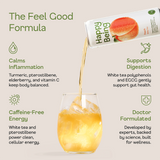 Happy Being drink being poured into a glass with product packaging in the background.