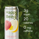 Can of 'Happy Being' Raspberry Lemon Sparkling White Tea with nutritional information on a green leafy background