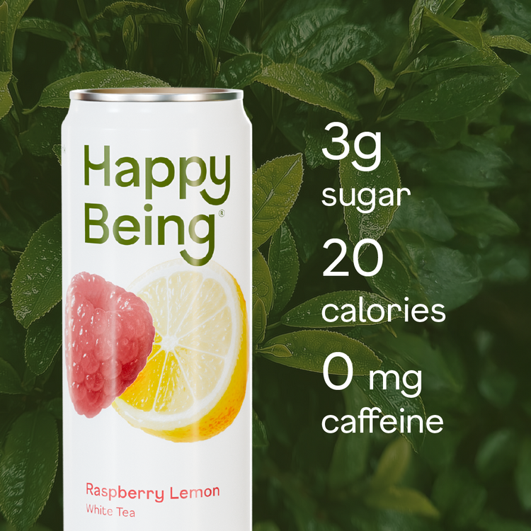 Can of 'Happy Being' Raspberry Lemon White Tea with nutritional information on a green leafy background