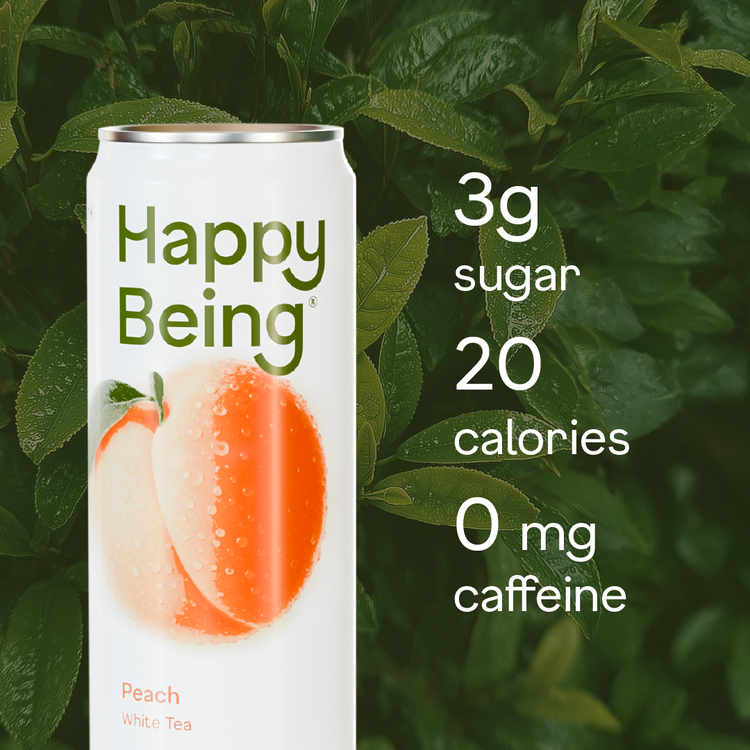Can of 'Happy Being' Peach White Tea with nutritional information on a green leafy background