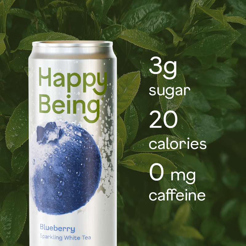 Can of 'Happy Being' Blueberry Sparkling White Tea with nutritional information on a green leafy background