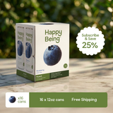 Box of Happy Being blueberry drinks with a 25% subscribe and save offer on a blurred green background.