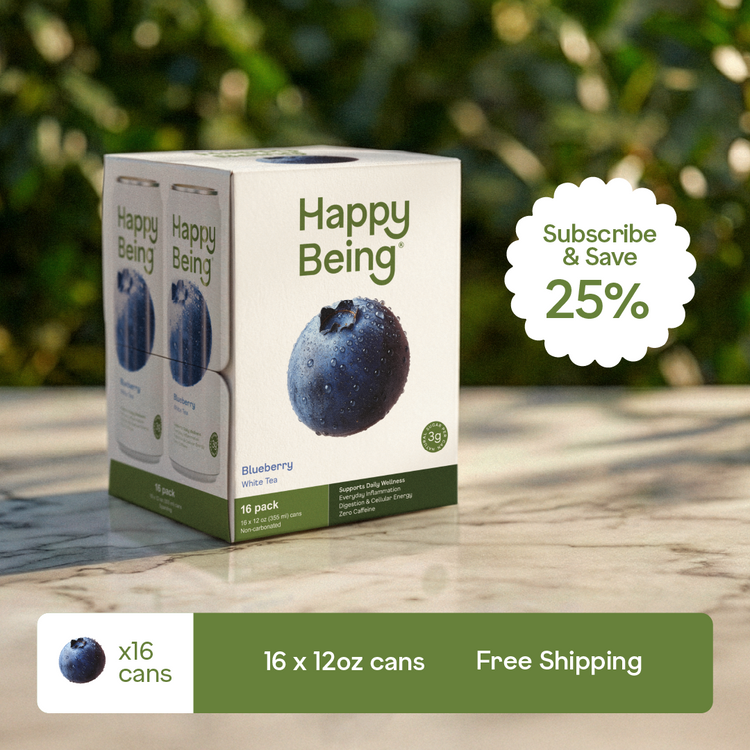 Box of Happy Being blueberry drinks with a 25% subscribe and save offer on a blurred green background.