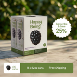 Happy Being sparkling blackberry white tea packaging with a 25% subscribe and save offer on a blurred natural background.