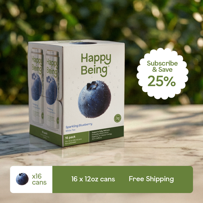 Happy Being sparkling blueberry drink package on a wooden surface with a blurred green background