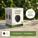 Happy Being blackberry white tea packaging with a 25% subscribe and save offer on a blurred natural background.