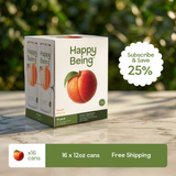 Box of Happy Being peach drinks with promotional text on a wooden surface