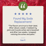Five-star review for 'Found My Soda Replacement' with a quote from a customer on a red background.