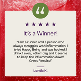 Product packaging with a five-star rating and customer review on a red background