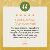 Product review card with text 'I Don't Need My Afternoon Nap!' and a quote from Lori L. on a gold background.