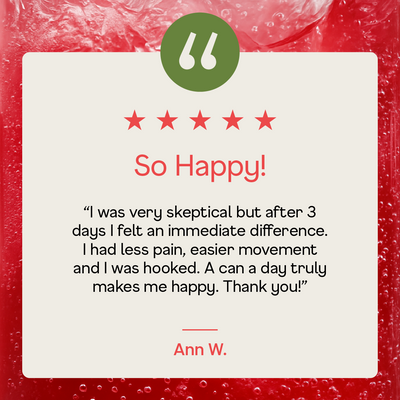 Product packaging with a five-star rating and customer review on a red background