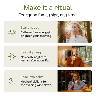 Promotional graphic for a product with text and images of people enjoying the product.