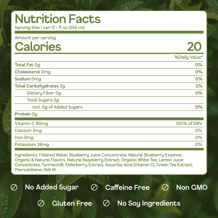 Nutrition facts label for a blueberry juice product on a green leafy background