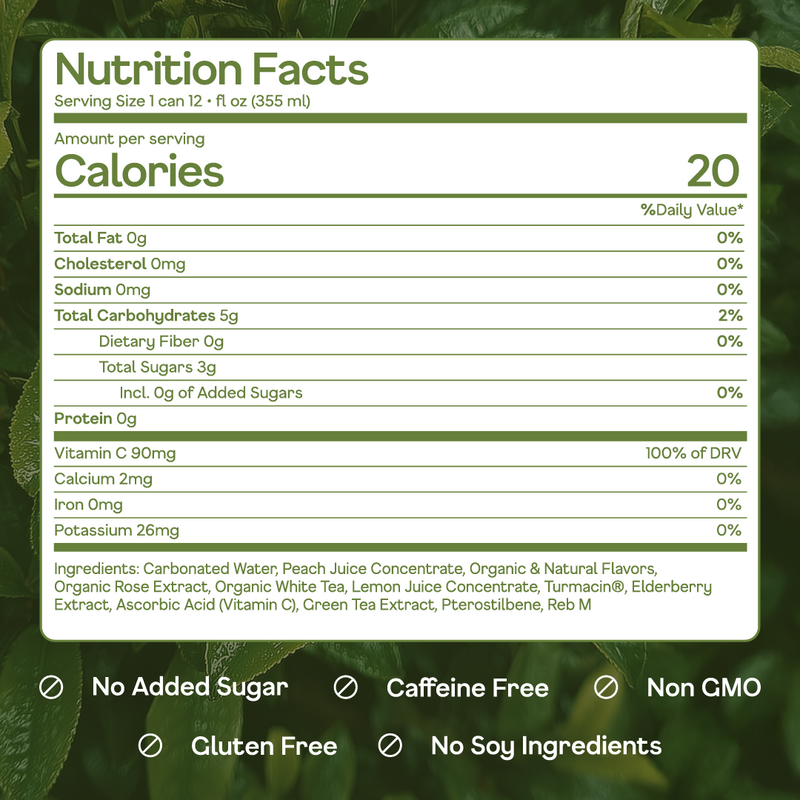 Nutrition facts label for a beverage on a green leafy background