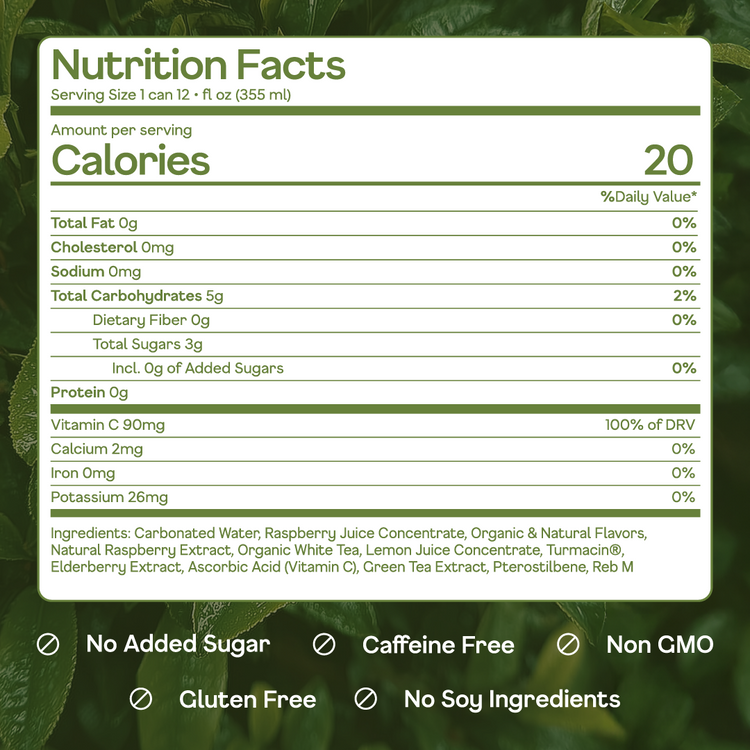 Nutrition facts label for a beverage on a green leafy background
