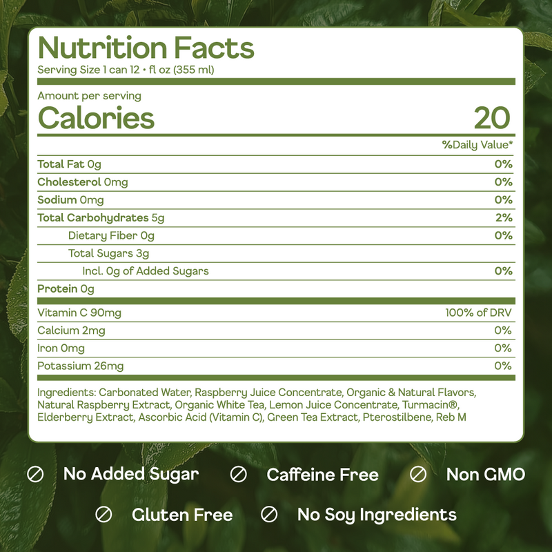 Nutrition facts label for a beverage on a green leafy background