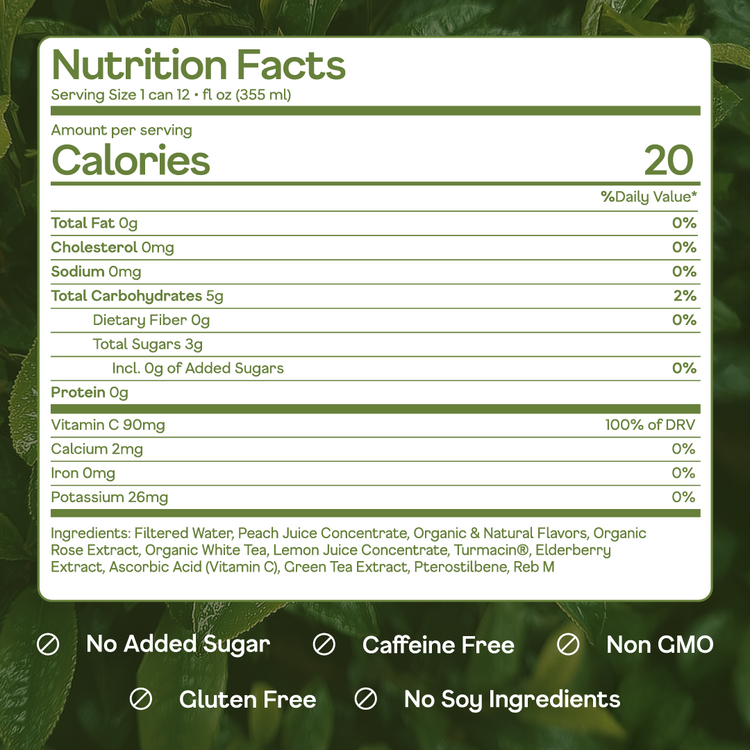 Nutrition facts label for a beverage with green leafy background