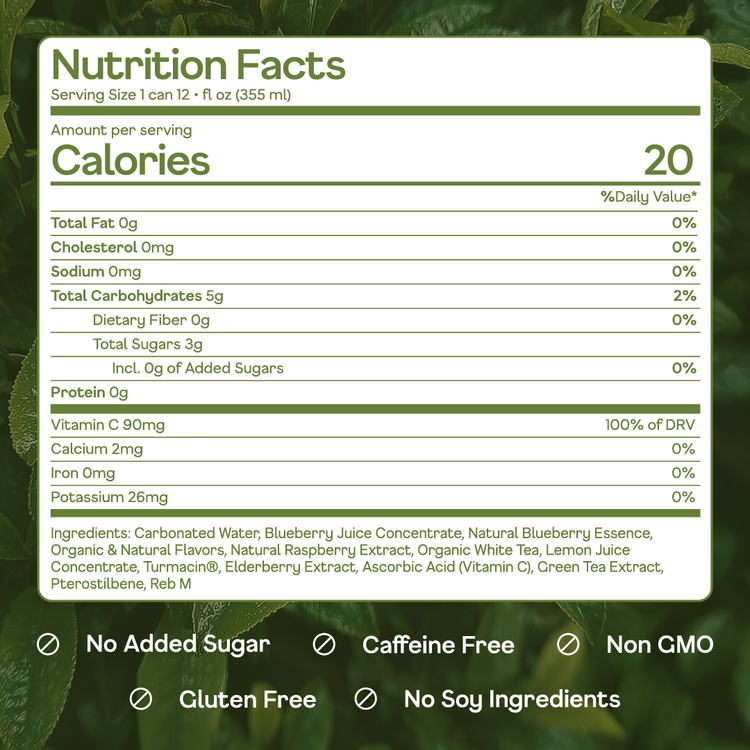 Nutrition facts label for a beverage with green leafy background