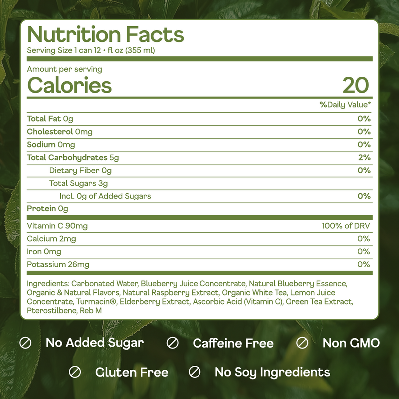 Nutrition facts label for a beverage with green leafy background