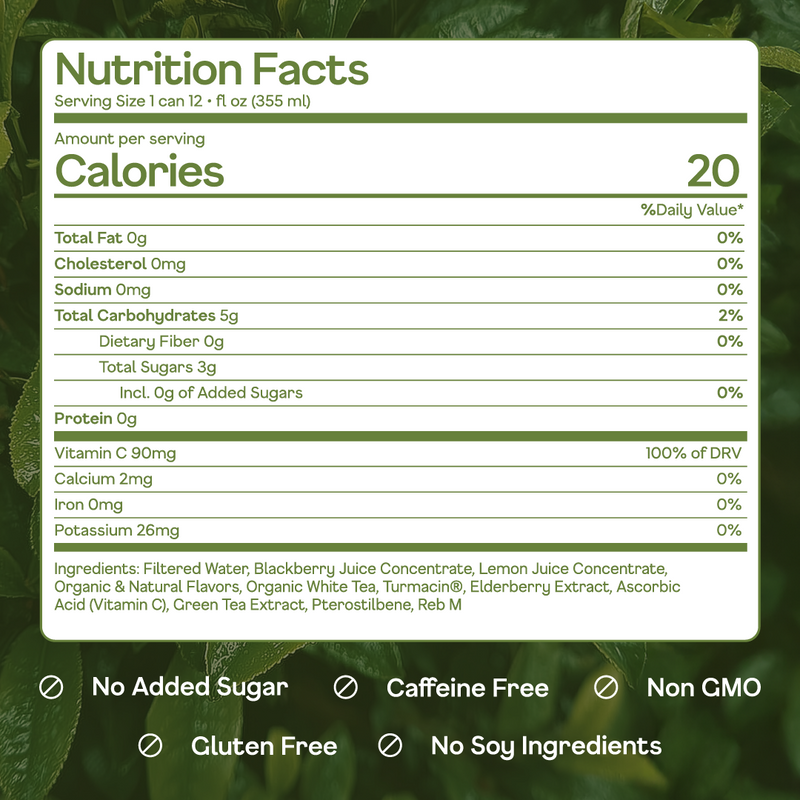 Nutrition facts label for a beverage with green leafy background
