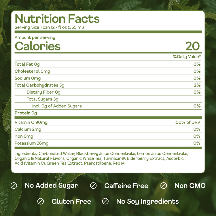 Nutrition facts label for a beverage on a green leafy background