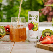 Happy Being strawberry kiwi drink poured over ice.