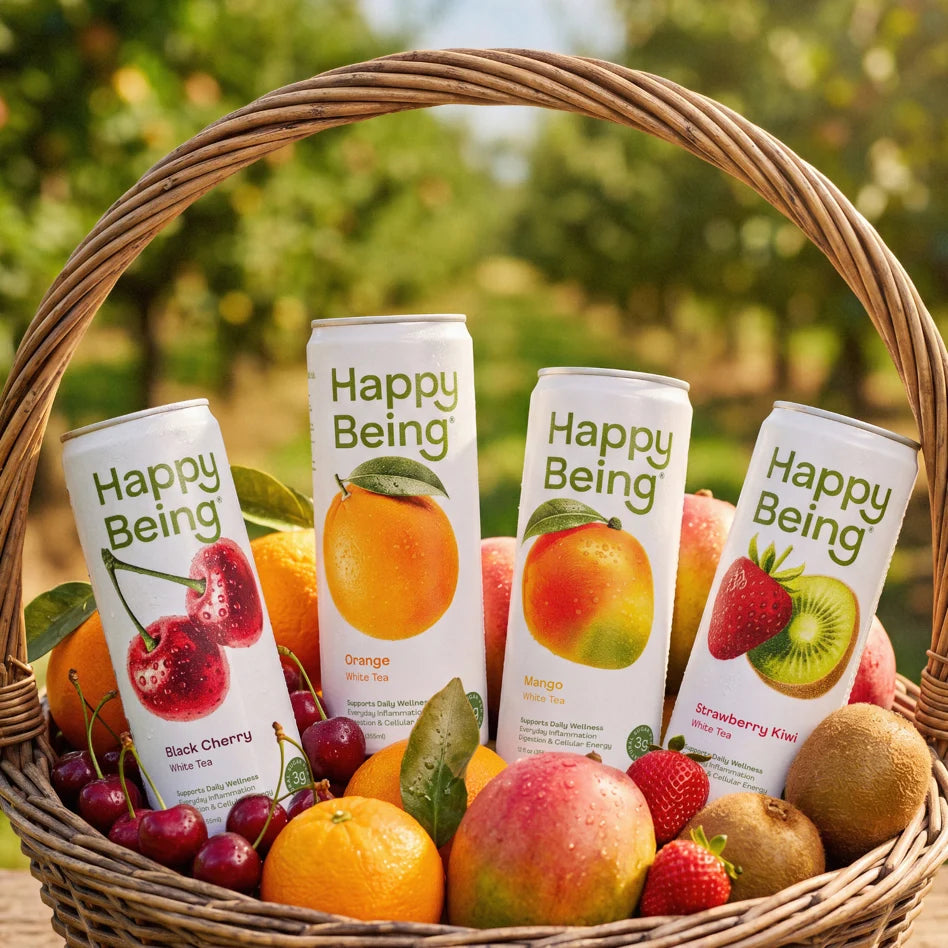 Orchard Variety Pack featuring four Happy Being white tea flavors including Black Cherry, Orange, Strawberry Kiwi, and Mango.