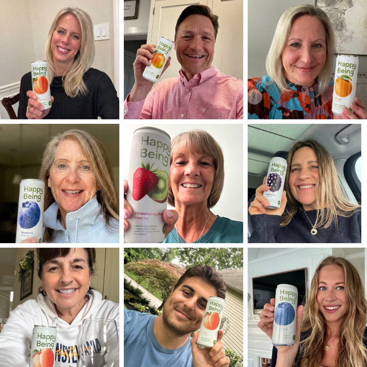 Happy Being customer holding a can of white tea