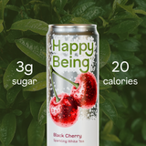 Happy Being sparkling black cherry white tea can with 3g sugar and 20 calories.