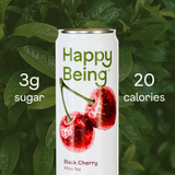 Happy Being black cherry white tea can with 3g sugar and 20 calories.