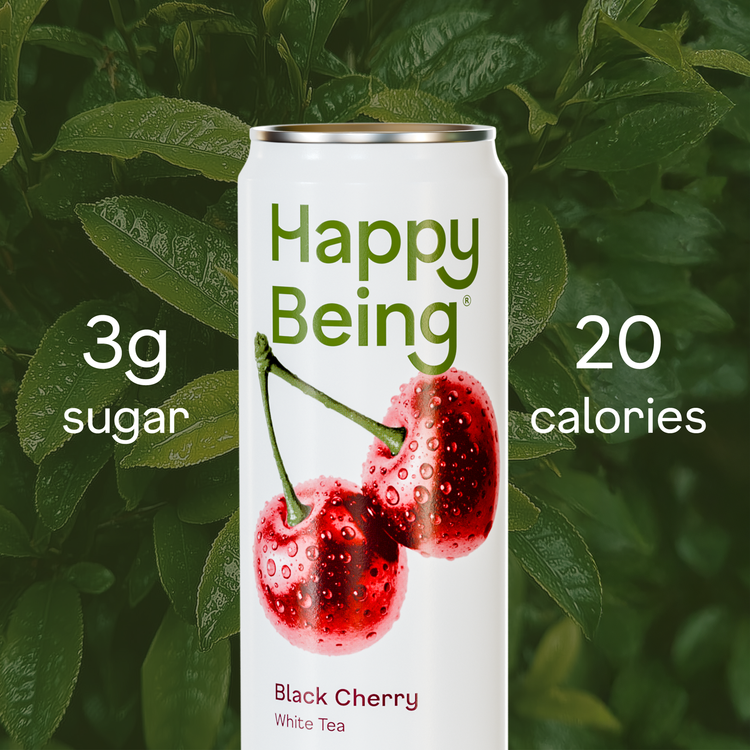 Happy Being black cherry white tea can with 3g sugar and 20 calories.