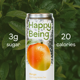 Happy Being sparkling mango white tea can with 3g sugar and 20 calories.