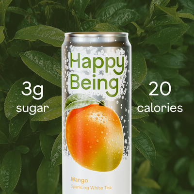 Happy Being sparkling mango white tea can with 3g sugar and 20 calories.