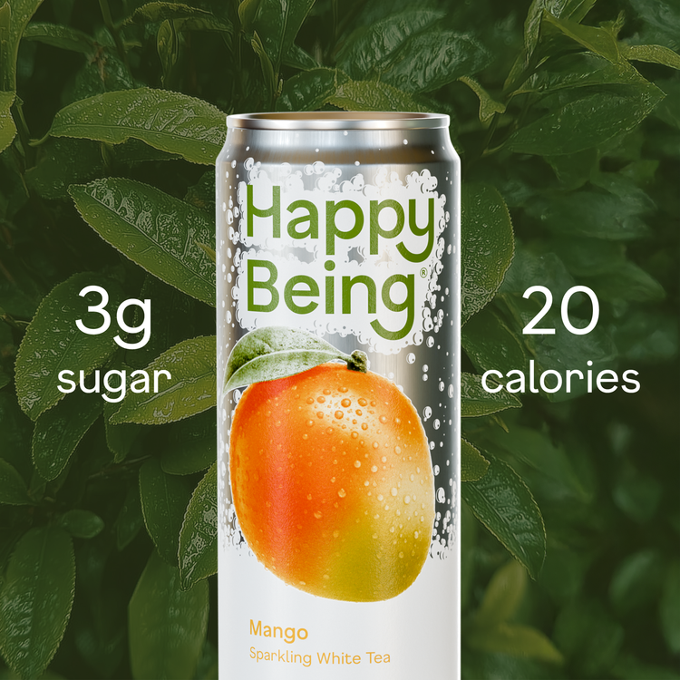 Happy Being sparkling mango white tea can with 3g sugar and 20 calories.
