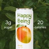 Happy Being mango white tea can with 3g sugar and 20 calories.