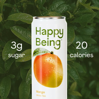 Happy Being mango white tea can with 3g sugar and 20 calories.